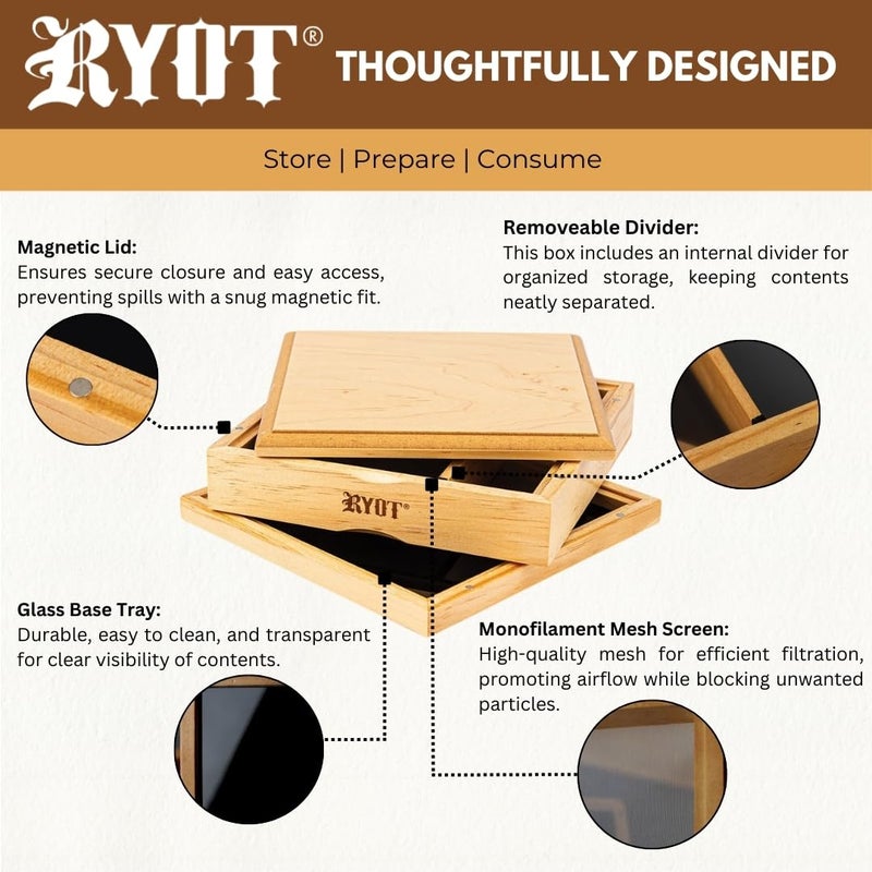 RYOT 7x7 Solid Top Screen Box in Natural | Wide Wooden Box Perfect for Sifter - Monofilament Mesh Screen - Glass Base Tray - Prep Card - Storage Divider - Image 2